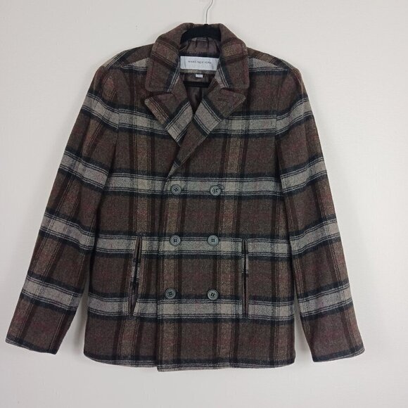 MARC NEW YORK ANDREW MARC plaid coat men's size S brown wool pockets - Picture 1 of 8